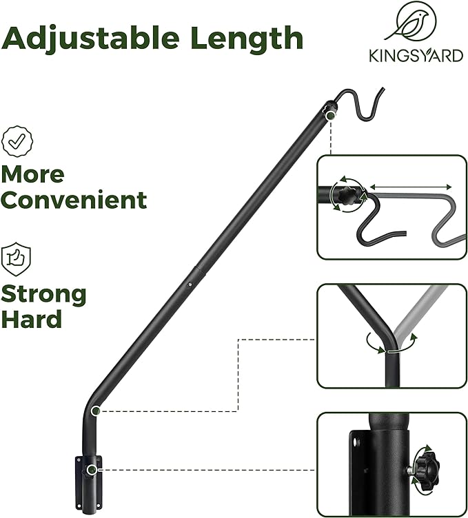 Kingsyard Heavy Duty Wall Mounted Deck Hook, 27"-39" Adjustable Metal Plant Wall Hanger for Hanging Bird Feeders, Planters, Lanterns, Wind Chimes, Wall Mounted
