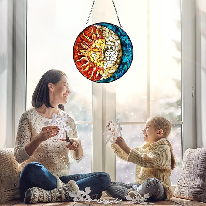 Sun and Moon Stained Glass Suncatchers for Windows Hanging - Celestial Decor Sun Catchers Valentines Day Gifts for Him Her - Handmade Wall Art Home Garden Stain Glass Window Suncatcher with Hooks