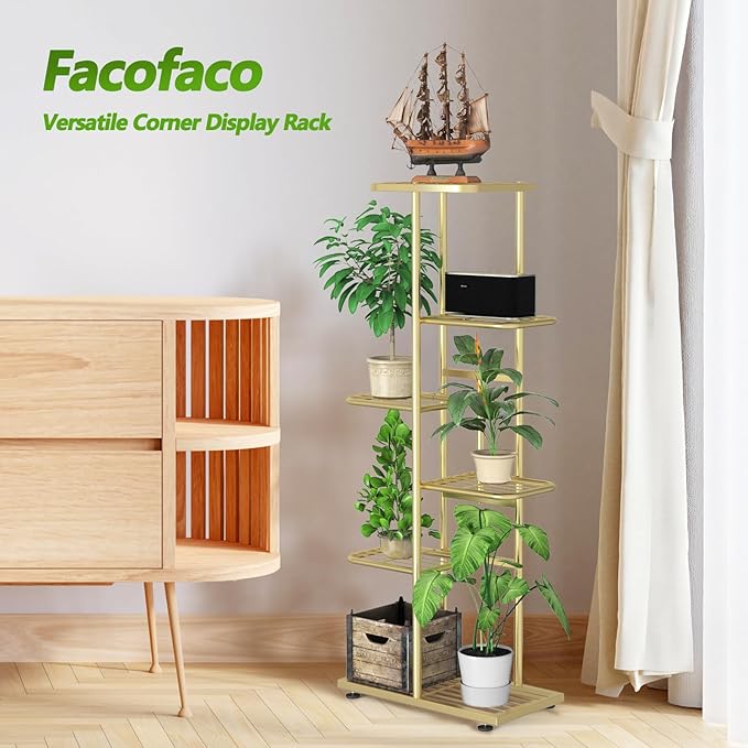 6 Tier 7 Potted Gold Plant Stand Indoor Outdoor with Gardening Tools and Gloves, Upgraded Corner Metal Plant Rack Shelf for Multiple Plants, Tall Flower Pot Holder Display for Patio, Balcony,