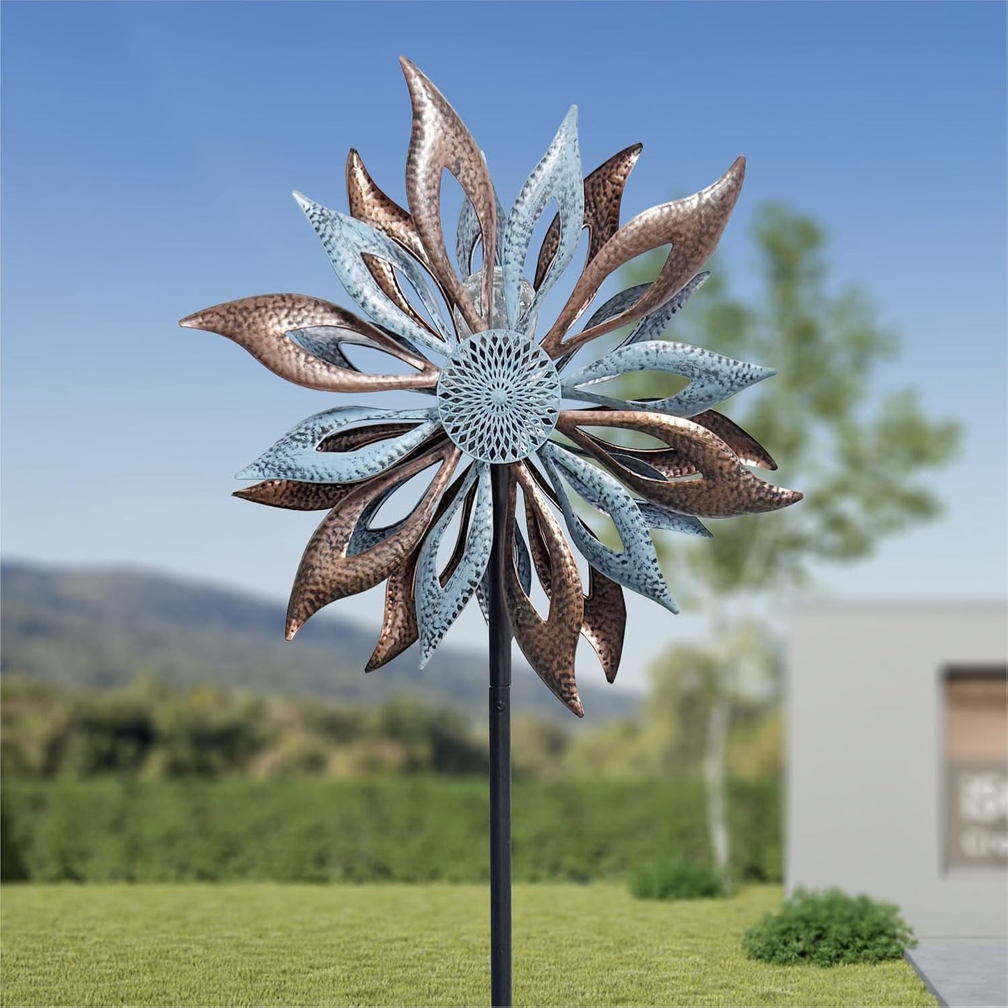 Outdoor Wind Spinner with Garden Stake 62.99" Metal Two-Way Wind Sculptures Solar Color Changing Lights Large Windmills for Garden,Patio,Yard,Lawn Decor Gifts Blade