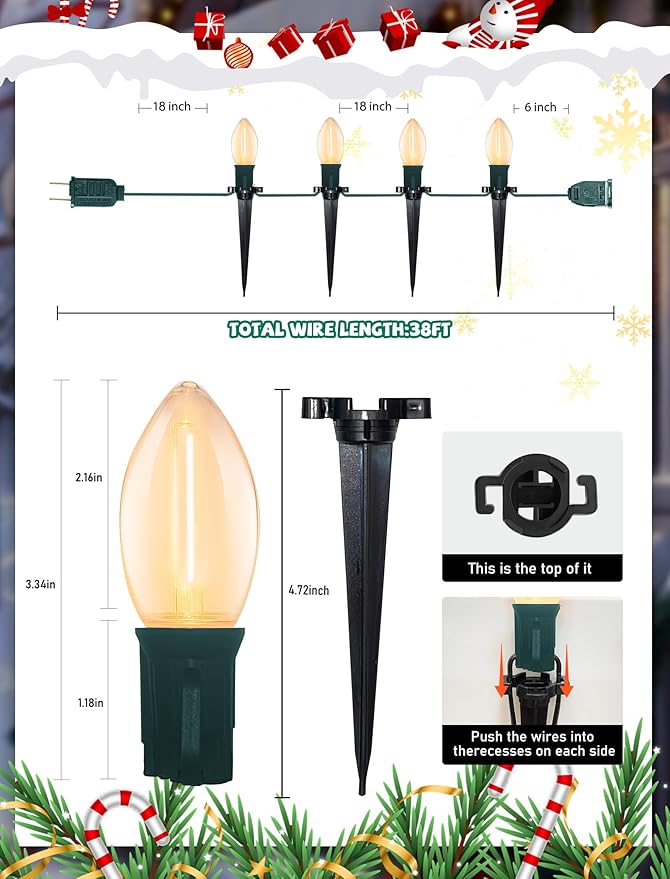 38Ft C9 LED Christmas Pathway Lights Outdoor, 25 C9 LED Warm White Christmas Pathway Stakes Lights Waterproof, Outdoor Christmas Walkway Lights for Yard Lawn Sidewalk Driveway Christmas Decorations