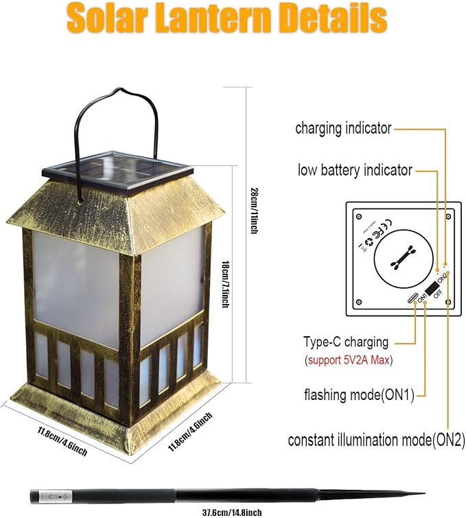 Solar Lanterns Outdoor Waterproof, 3D Star Lantern Light with Flashing Mode, Solar & USB C Charging, Metal Hanging Lantern for Wall Landscape Yard Patio Garden Driveway, RGB Light 2 Pack