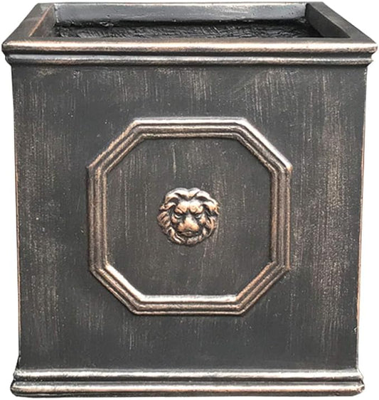 Kante Square Lion Head Concrete Planter, Classic English Style Plant Pot with Drainage Hole and Rubber Plug for Indoor Outdoor Garden Patio Home, 12.6"x12.6"x12.6" Oil Rubbed Bronze