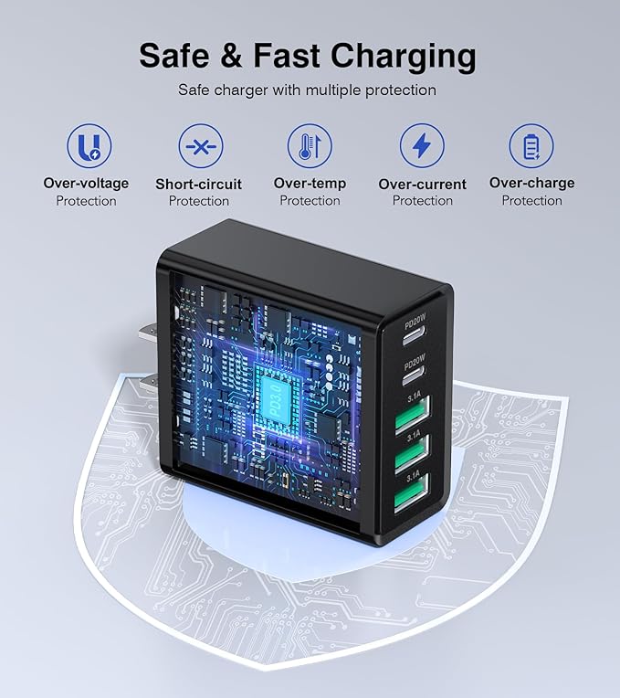[2-Pack] USB C Wall Charger, 50W USB C Charger Block 5-Port PD Fast Charging Blocks,2USB C+3USB A Multiport Plug,Type C Power Adapter Brick Cube for iPhone 16/15/14/13/Pro,Samsung,for Switch（Black）