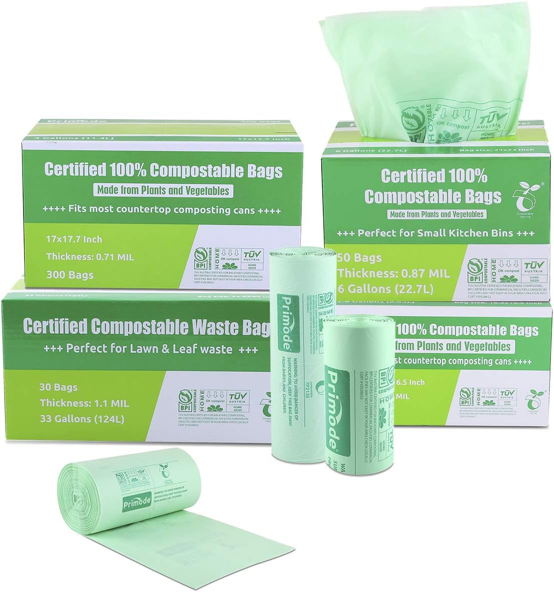 Primode Compostable Bags, 6 Gallon Food Scraps Yard Waste Bags, 100 Count, Extra Thick 0.87 Mil. ASTMD6400 Compost Bags Small Kitchen Trash Bags, Certified By BPI And TÜV AUSTRIA,