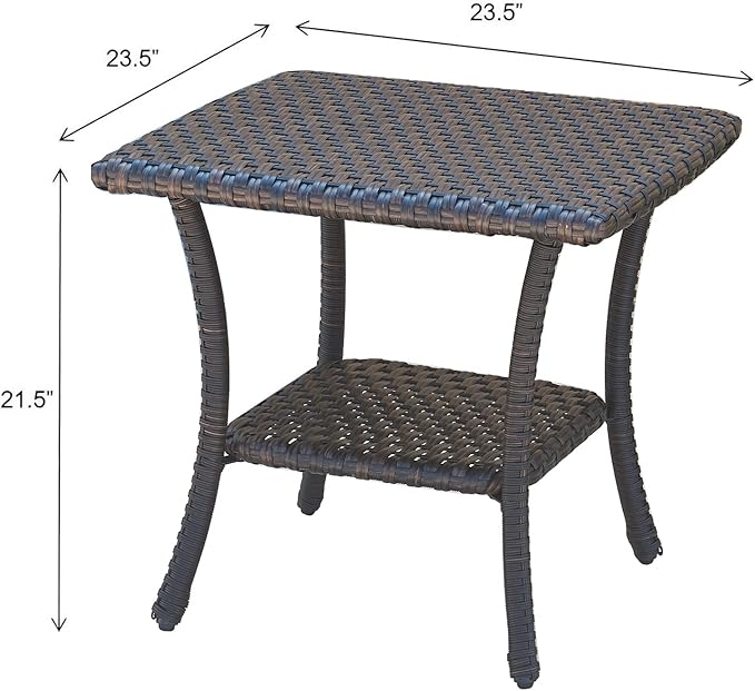 Patio Tables Outdoor Coffee Table - Wicker Rattan Side Tables with 2-Tier Storage Shelf End Table for Porch Deck Balcony Garden Outside Square Brown