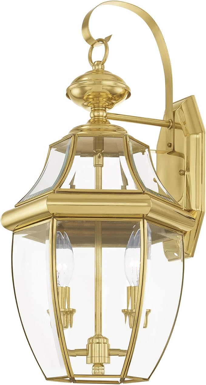 Livex Lighting 2251-02 Monterey 2 Light Outdoor Polished Brass Finish Solid Brass Wall Lantern with Clear Beveled Glass, 20.25" x 10.5" x 10"