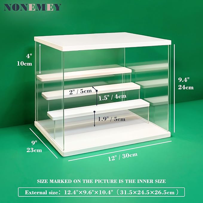 NONEMEY Clear Acrylic Display Case Stand with LED Light 2/3/4/5/6 Tier Storage Box Showcase Dustproof Organizer Box for Collectibles (White 4Tier 12.4*9.6*10.4inch)