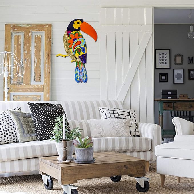 Large Metal Hornbill Wall Decor, Vivid Colorful Bird Art Wall Hanging for Indoor Outdoor Home Bedroom Office Garden (Orange)