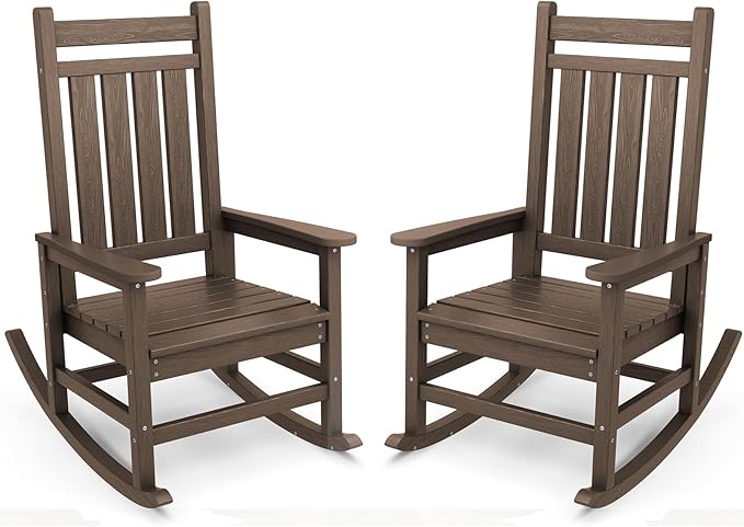 SERWALL Outdoor Rocking Chair Set of 2, HDPE Rocking Chairs for Adult, All Weather Porch Rockers for Lawn Garden, Coffee