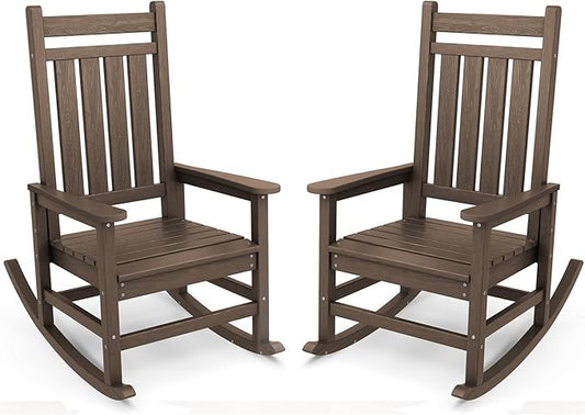 SERWALL Outdoor Rocking Chair Set of 2, HDPE Rocking Chairs for Adult, All Weather Porch Rockers for Lawn Garden, Coffee