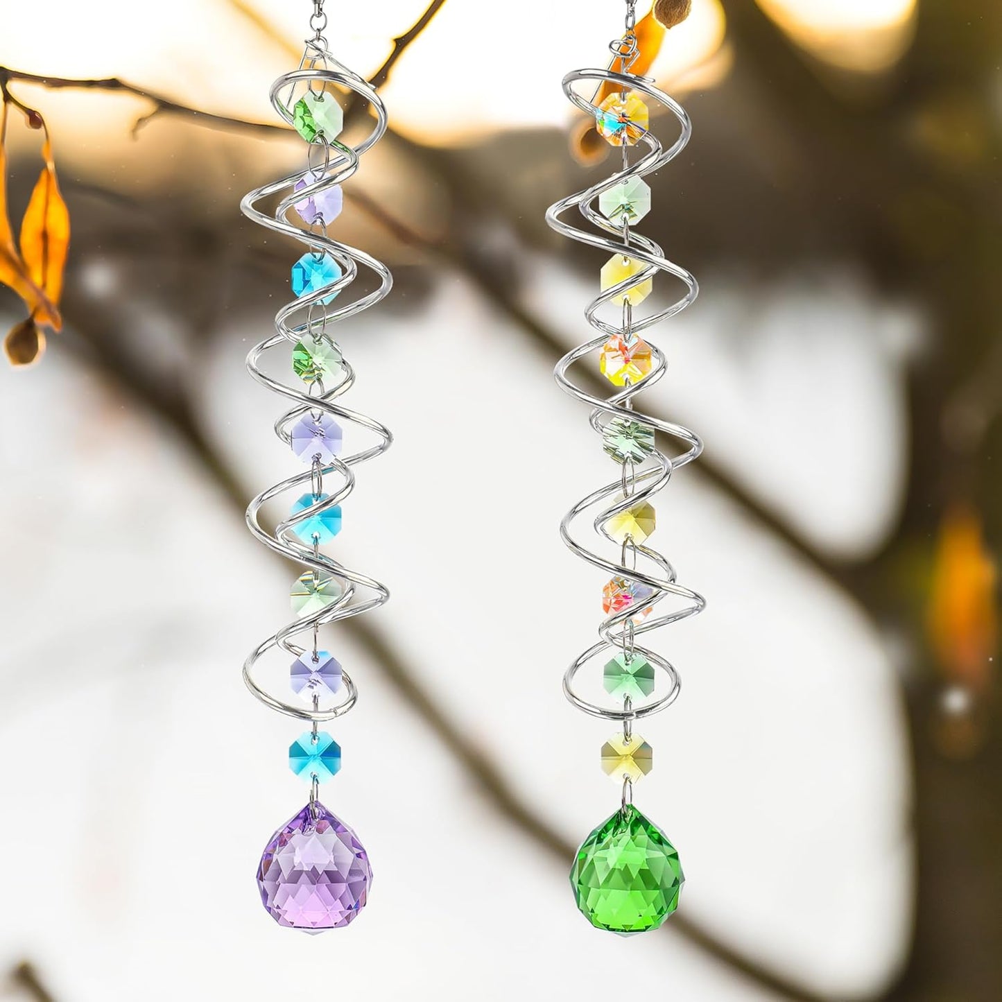 H&D HYALINE & DORA Set of 3 Crystal Sun Catcher for Window Hanging Double-Spiral Gazing Ball Spiral Tail Rainbow Maker Wind Spinners Outdoor for Garden, Patio, Porch, Christmas