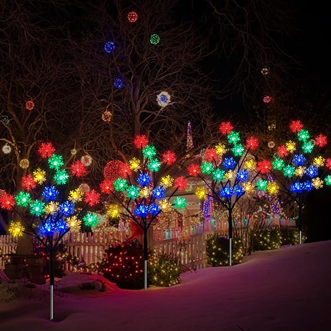 4-Packs 80LEDs Solar Snowflake Christmas Stake Lights, 8 Modes Wonderland Solar Snowflake Lights for Outdoor Christmas Decorations, Waterproof Solar Christmas Lights for Garden Yard Pathway Walkway