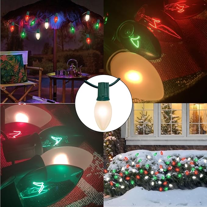 25ft C9 Clear Incandescent Christmas Lights - Red, White, Green Outdoor String With 26 Multicolor Bulbs - Waterproof Plug-In for Roofline, Tree, Garden Decor