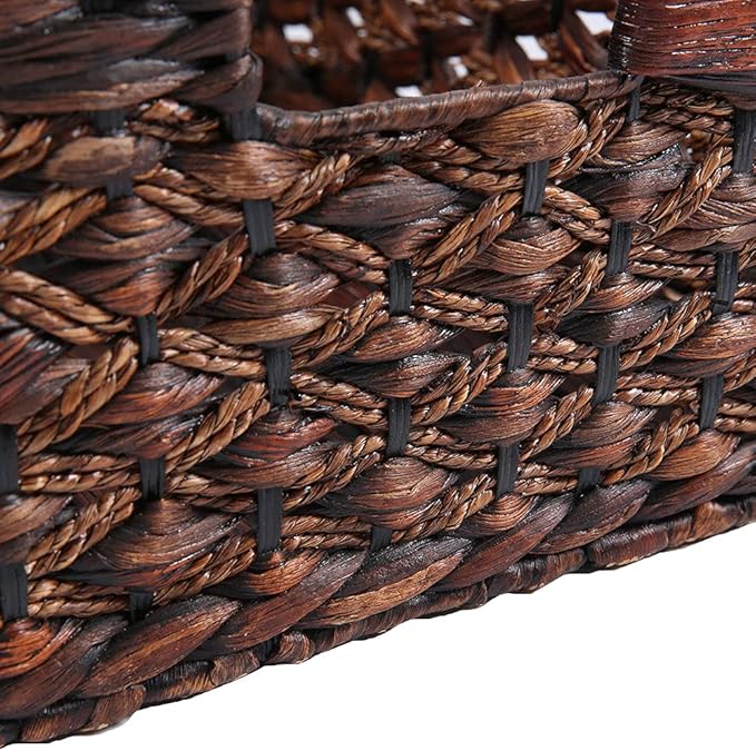 Rectangular Wicker Storage Basket, Dark Water Hyacinth Basket With Inside Handles Shelves Kitchen Office Desk (Large)