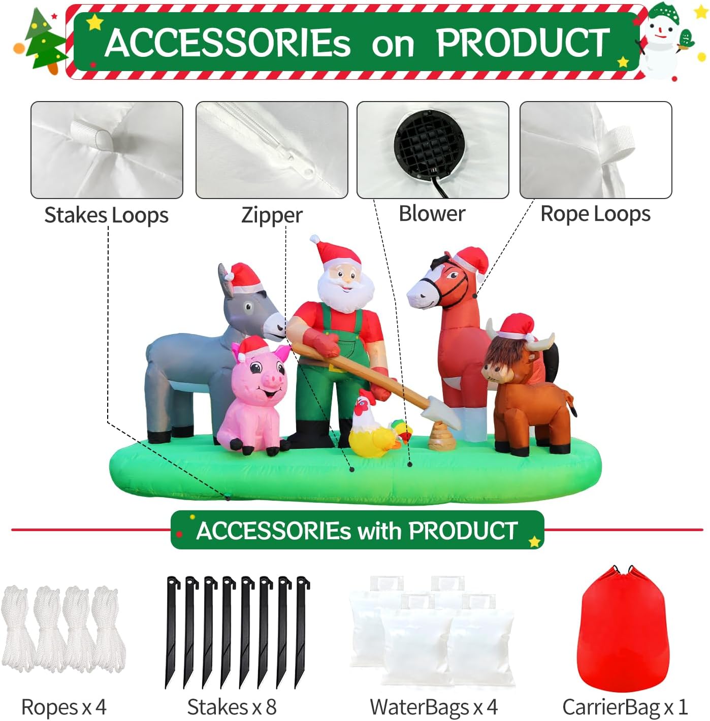 DomKom 7FT Christmas Inflatable Blow Up Decorations, Santa Claus Farm Scene with Highland Cow, Clydesdale Horse, Donkey, Rooster and Pig, Built-in LEDs for Party, Garden, Lawn, Yard, Patio Décor