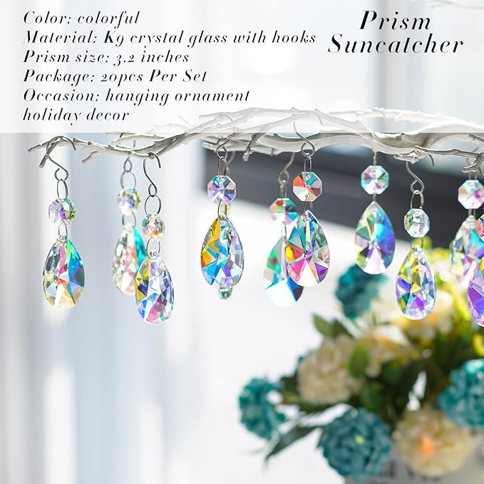20 Pieces 38mm Crystal Prisms Chandelier Rounded Pear Ornament Pendants Crystal Beads Hanging Glass Crystal Chandelier Prisms for Wedding Party Tree Garlands Decoration DIY Jewelry