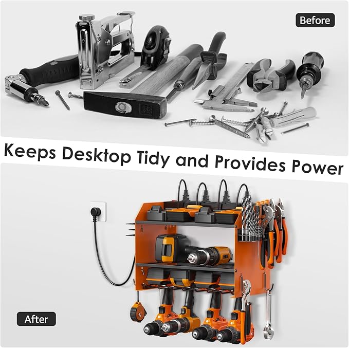 CCCEI Set Power Tool Organizer Wall Mount with Charging Station. Garage 4 Drill Storage Shelf with Hooks, Heavy Duty Metal Tool Battery Charger Organizer. Shop Utility Rack with Power Strip Orange.