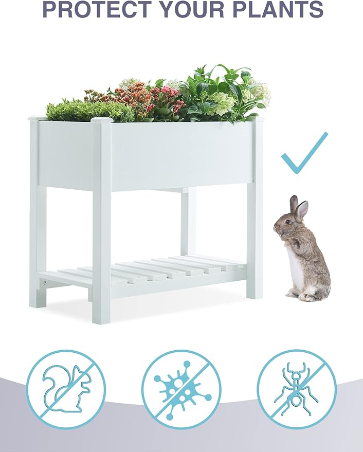 Psilvam Planter Box Raised Garden Bed, Poly Lumber Raised Garden Beds Outdoor with Storage Racks and Tarps, Superior to Cedar Elevated Garden Bed with Leg, for Balcony and Porch, 350 lbs Load (White)