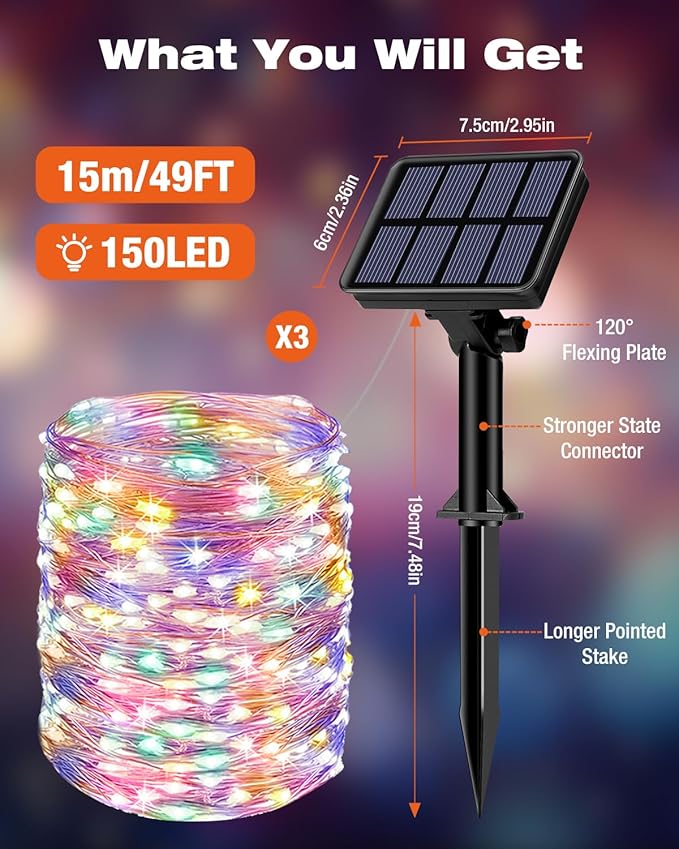 3 Pack Solar Fairy Lights for Outside Waterproof, 49FT/15M 150LED Solar String Lights Outdoor 8 Modes Solar Twinkle Lights for Garden Yard Christmas Tree Wedding Party Decor, Multicolor
