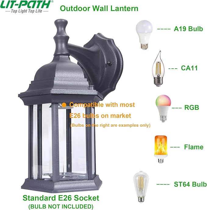 LIT-PaTH Outdoor Wall Lantern, Wall Sconce as Porch Lighting Fixture, E26 Medium Base Max 60W, Aluminum Housing Plus Glass, Matte Black Finish, 1-Pack