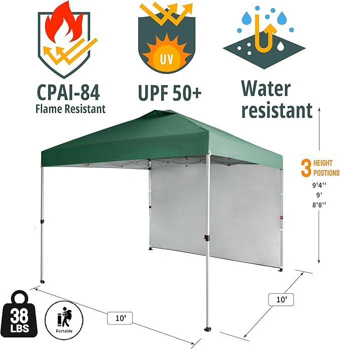 CROWN SHADES 10x10 Pop Up Canopy with 1 Side Wall - Beach Tent with One Push Setup - Outdoor Sun Shade for Events, Parties, Camping - Gazebo with STO-N-Go Cover Bag (Forest Green)