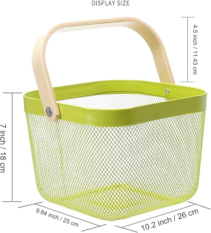 Metal Mesh Steel Basket, Storage Organizer Basket Multi-functional Hanging Kitchen Baskets Fruit Basket with Wooden Handle for Kitchen Bathroom Picnic Shopping Decor Cabinet Home, Macaron Green