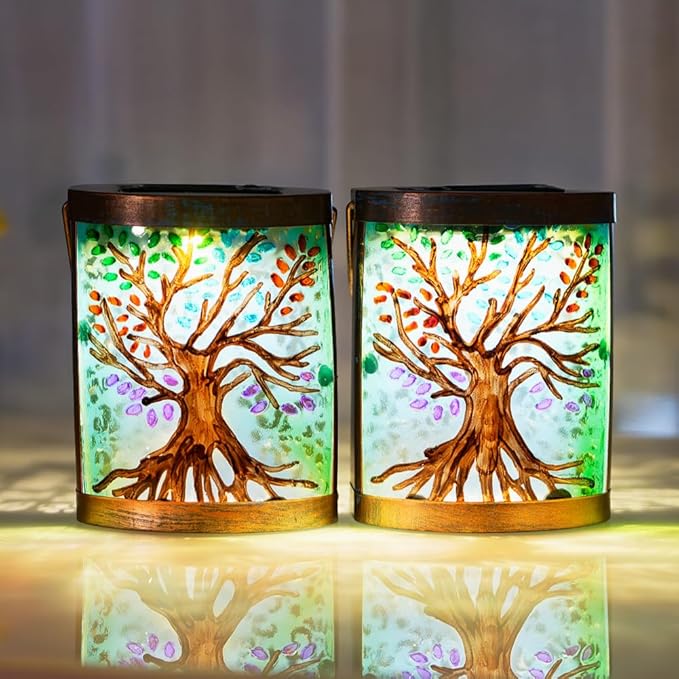 2 Pack Tree of Life Solar Lanterns Outdoor Waterproof, Hanging LED Solar Lantern for Tabletop Garden Yard Patio Decoration