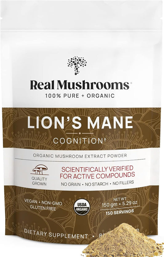 Real Mushrooms Lion’s Mane Supplement Powder - Organic Lions Mane Extract - Functional Mushrooms with Verified Beta Glucans – Functional Blend – Non-GMO, Vegan with 150 Servings