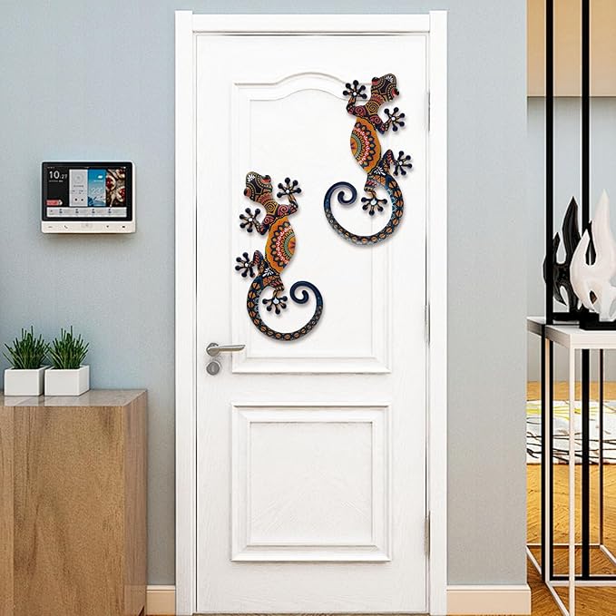 LIFFY Metal Lizard Gecko Wall Art - 2 Pack 15 Inch Metal Wall Decor, Lizard Outdoor Hanging Glass Sculpture Decoration for Yard Garden Art, Patio Fence Home, Unique Gift Ideas