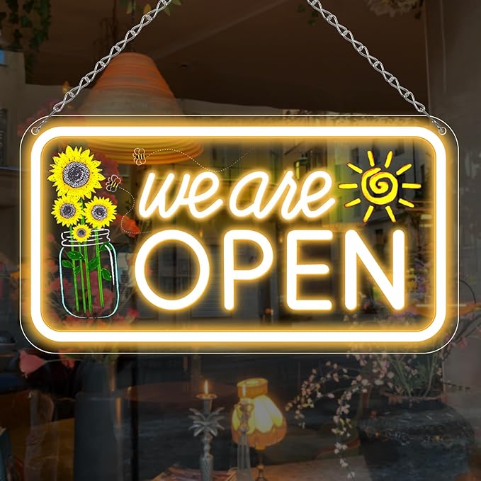 Neon We Are Open Signs for Business, 16.5x9'' Open Sign with Printed Flower and Sun, with ON/OFF Switch & Adapter, Warm White, Ideal for Window, Party, Wall, Bars, Coffee Shops, Salons, Clubs, Hotels