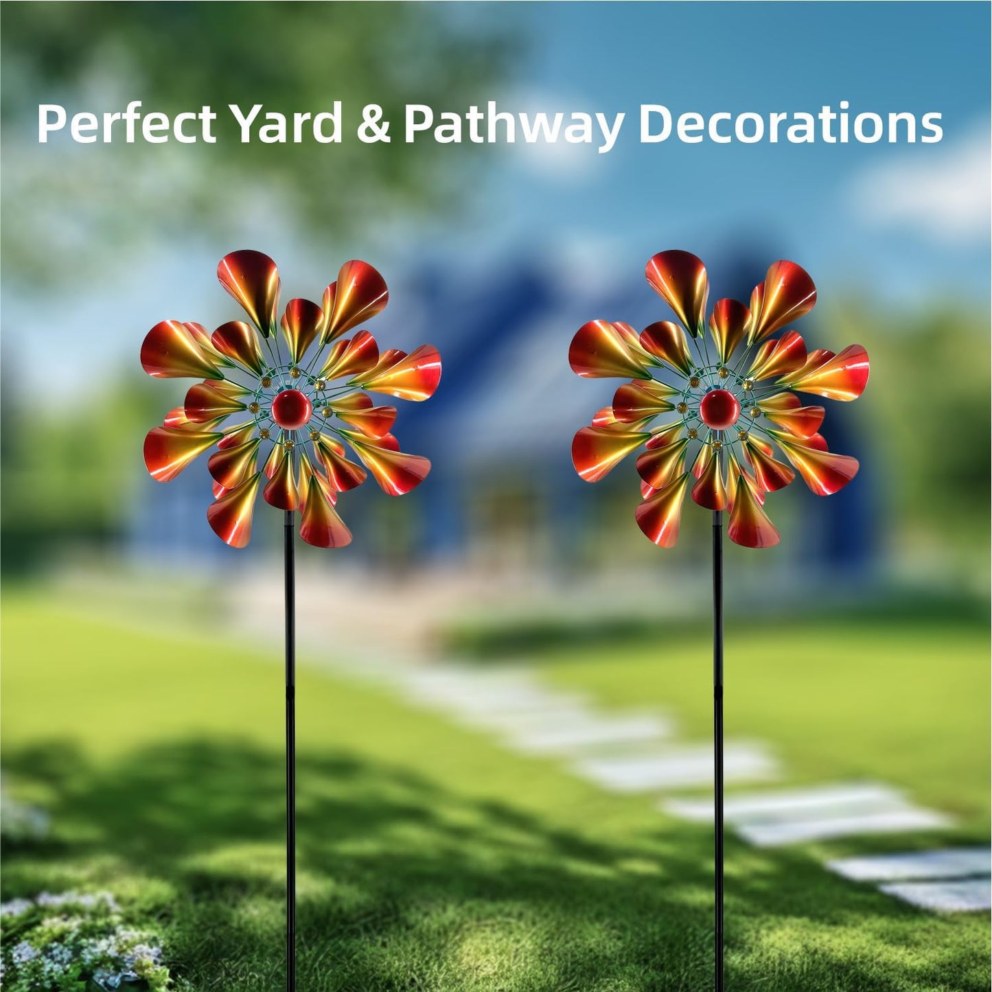 Outdoor Wind Spinner with Garden Stake 88.58" Metal Two-Way Wind Sculptures Solar Color Changing Lights Large Windmills for Garden,Patio,Yard,Lawn Decor Gifts Trumpet