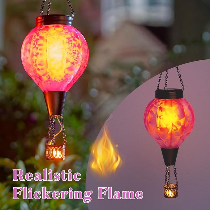 2PC Hot Air Balloon Solar Lantern with Flame, Pink Glass Balloon Lantern Lights Outdoor Waterproof, Hanging Solar Lights for Outside Garden Yard Patio Tree Porch Gift for Women Lovers Mom