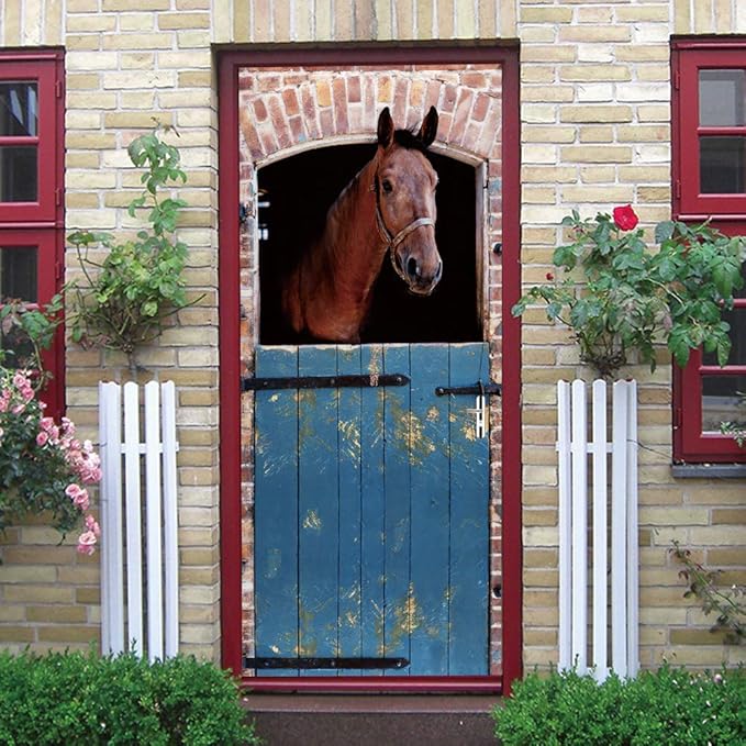 3D Horse Door Sticker Mural - Blue Rustic Matte Finish - Waterproof & Washable - Peel & Stick - Removable - 37.4" x 82.7" - Wall & Door