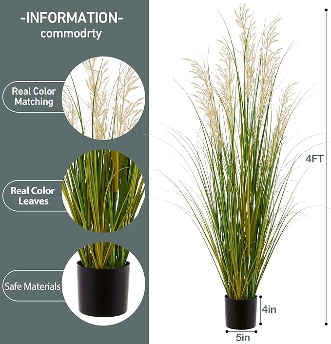 Artificial Plant, 47in Tall Pampas Grass, Faux House Plants in Pot, Indoor Decorative Flowers &Greenery for Home and Office, Ideal Housewarming Gift