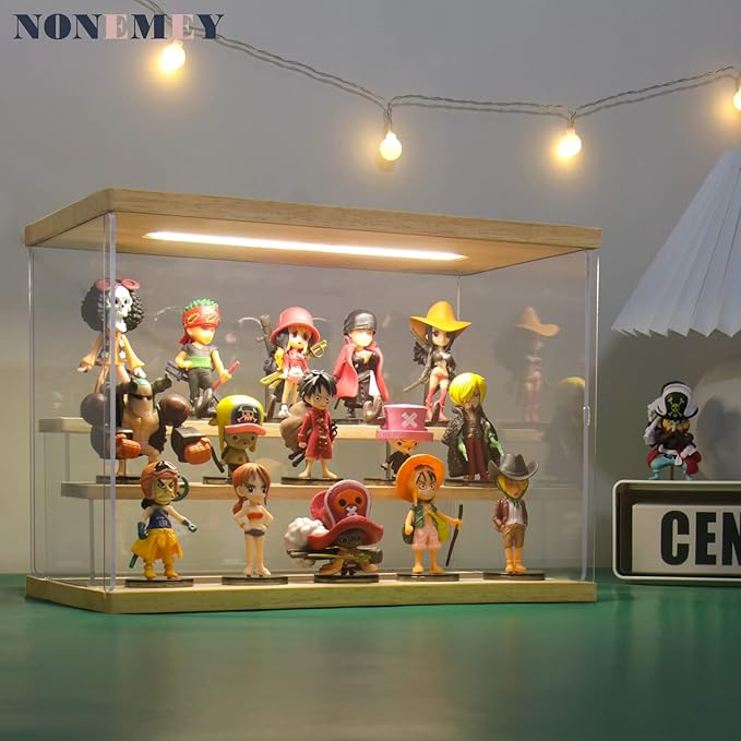 NONEMEY Clear Acrylic Display Case with Light ,3/4/5/6 Tier Multiple Color Lights via Remote Control Dustproof Display Box for Collectibles Figures Mini Toys (3Tier 12.4*7*9inch)