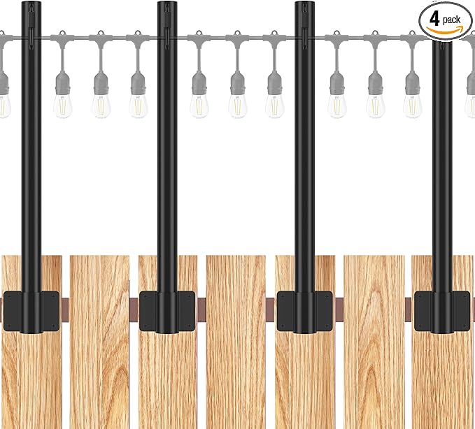 Suchtale 4 Pack 1.3 FT String Light Poles, Suspension Outdoor Fence Post Lights with Clip and Bracket, Outside String Lights Hanging, Wall Mounting Stand for Patio Garden Backyard Wedding Party, Black