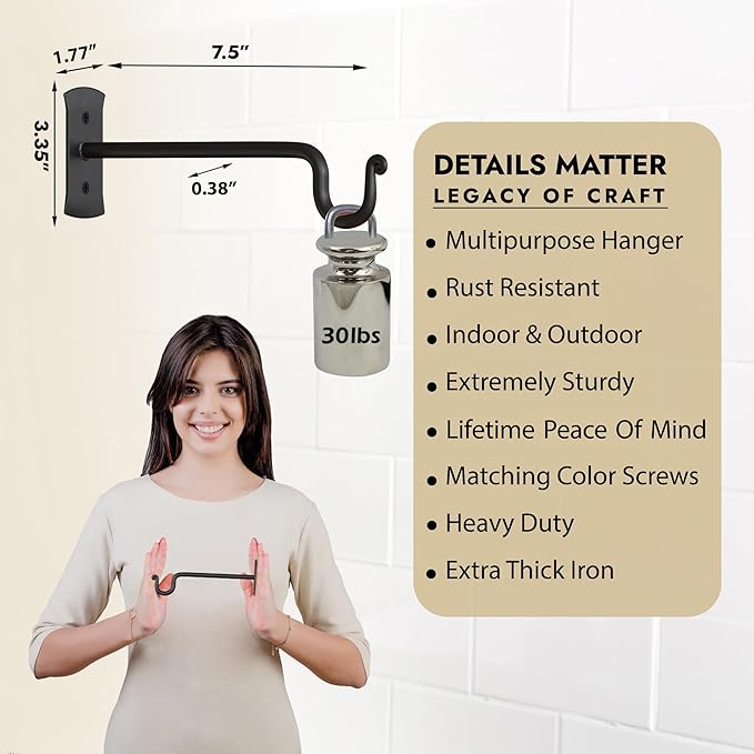 RTZEN Plant Hangers Outdoor or Indoor - Wrought Iron Metal Hanger Indoor Hook - Heavy Duty Wall Bracket Hooks for Hanging Plants Baskets Lanterns Wind Chimes - 2 Pack (Black Shepherds Hooks)