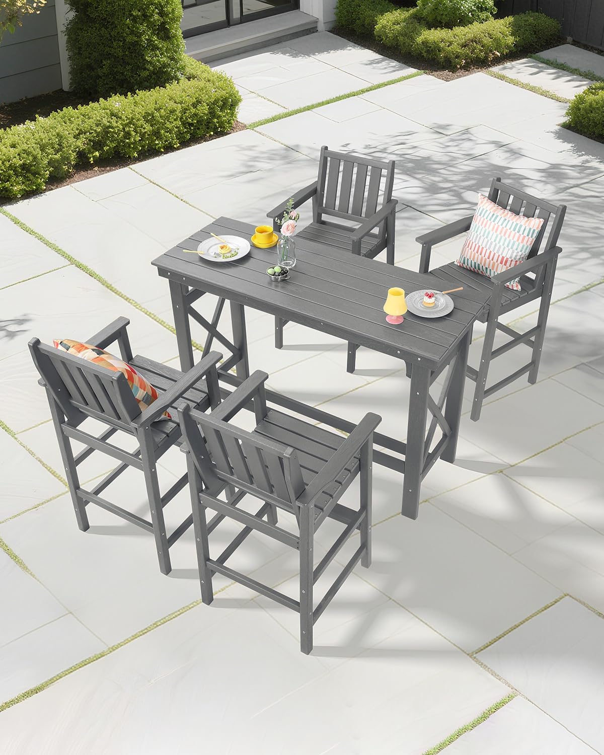 5-Piece HDPE Patio Bar Set, Rectangular Bar Height Table and 4 Adirondack Bar Chairs, Weatherproof Outdoor Bar Stools Set, Outdoor Bar Table and Chairs Set for Deck, Balcony, Pool, Smoke Gray