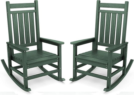 SERWALL Outdoor Rocking Chair Set of 2, HDPE Rocking Chairs for Adult, All Weather Porch Rockers for Lawn Garden, Green