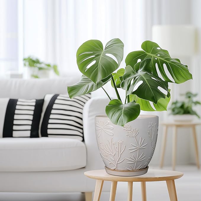 8 Inch Ceramic Pots for Plants Large Planter Pot with Drainage Hole and Saucer Round Flower Pot for Indoor Outdoor Decor, White