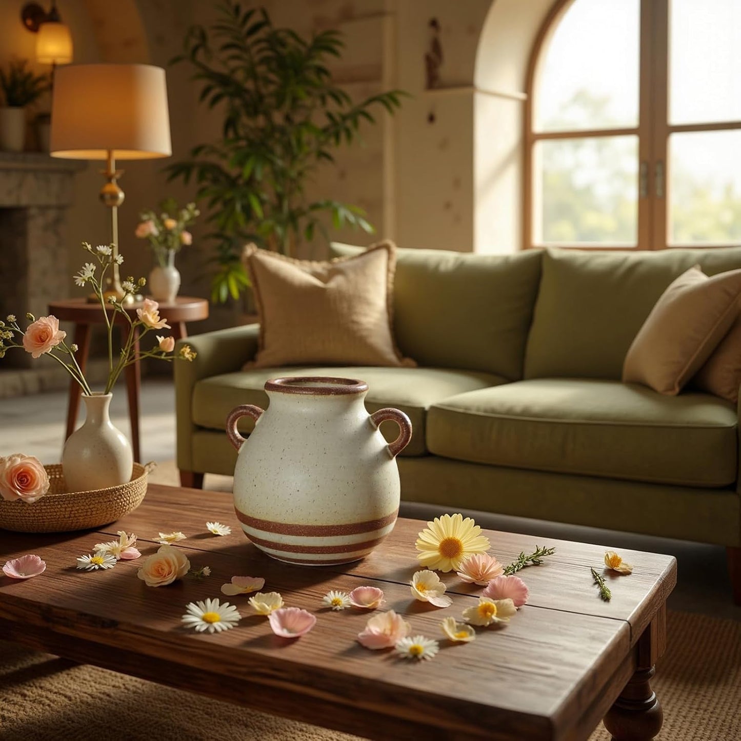 Rustic Farmhouse Ceramic Vase, Pastoral with 2 Ear Design, Boho Vintage Terracotta Vases for Bouquet、Fake Plants, Suitable for Home Decor, Shelf, Dining Table, Living Room, Mantle, Bathroom, 5.9 Inch