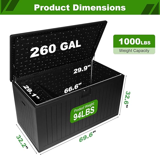 320 Gallon Outdoor Storage Box Waterproof, Extra Large Plastic Outside Deck Box Weatherproof, Resin Patio Storage Bin with Lock and Lids for Pool Equipment, Cushion