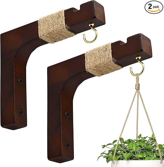 Plant Hanger Hooks for Indoor Hanging Plants, 2 Pack Rustic Farmhouse Wooden Hanging Basket Wall Bracket Plant Hooks for Indoor Outdoor Flower Pots Lanterns Wind Chime Balcony Light Garden Decoration