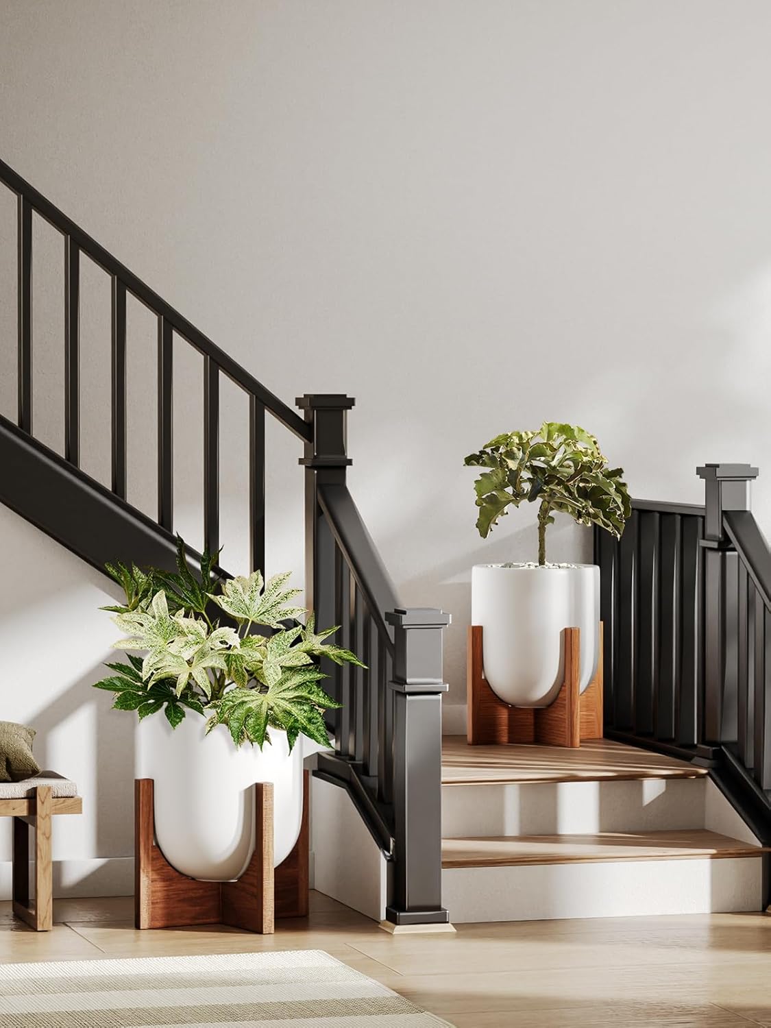 LE TAUCI 10 Inch Plant Pot with Acacia Wood Stand, Ceramic Planters for Indoor Plants, Unique Plant Pots Indoor for Home Decor, Mid-Century Modern Pots for Plants with Drainage Hole and Plug, White