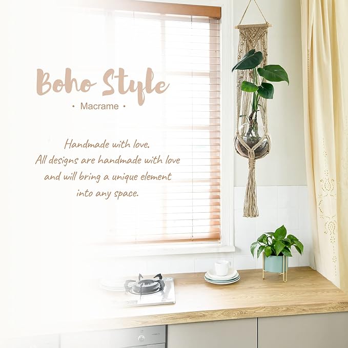 Mkono Macrame Plant Hangers Set of 4 Indoor Hanging Planter Basket Wall Decorative Flower Pot Holder with 4 Hooks for Indoor Outdoor Home Decor Gift Box, Brown