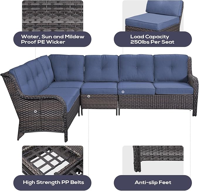 Outdoor Furniture Sectional Sofa L Shaped Couch - Patio Wicker Set with 2 Swivel Glider Chairs, 5 Piece Rattan Patio Conversation Sets with Blue Cushion for Deck Backyard Sunroom