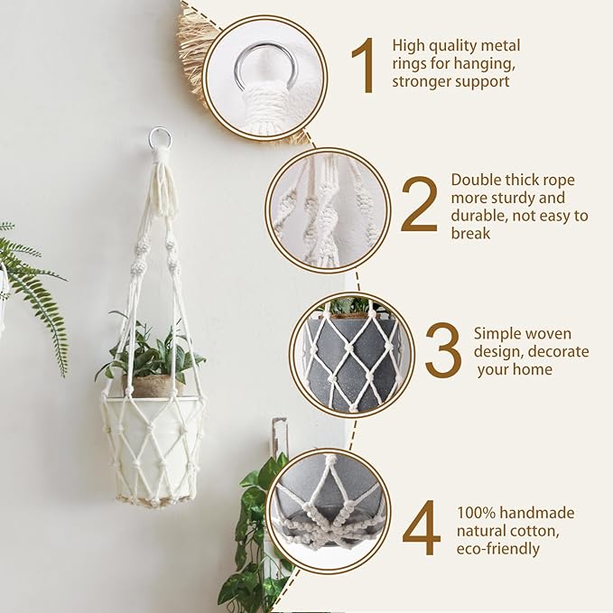 Artilady Macrame Plant Hanger Large Hanging Planter for Indoor Plants Holder White Cotton Rope Hanging Plant Basket Handmade Outdoor Window Boho Plant Wall Decor