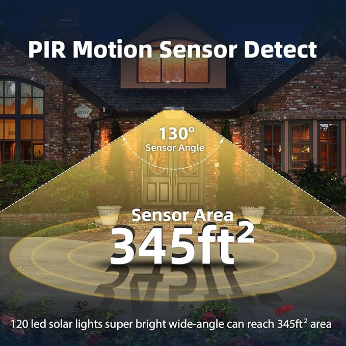 HMCITY 120 LED Outdoor Solar Lights- with Motion Sensor and 3 Lighting Modes, IP65 Waterproof Wide Solar Wall Lights Ideal for Garden Patio Yard (Front Button 6Packs, Warm White)
