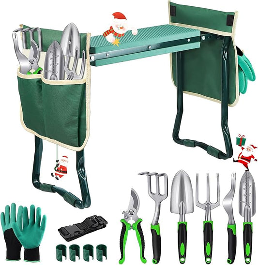 MENOLY Garden Kneeler and Seat, Folding Gardening Stool with Kneeling Pad, Gardening Bench with 6 Garden Tools, Tool Pouches, Glove, Detachable Belt, Gardening Gift for Women Men Mom Parents Elders